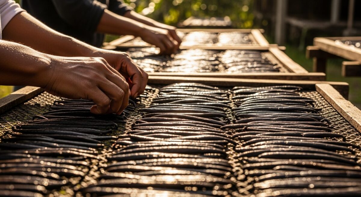 Traditional vanilla bean sun-drying curing process in Indonesia