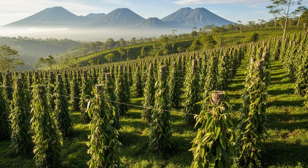 Vanilla farm in Bali highlands with volcanic mountain backdrop