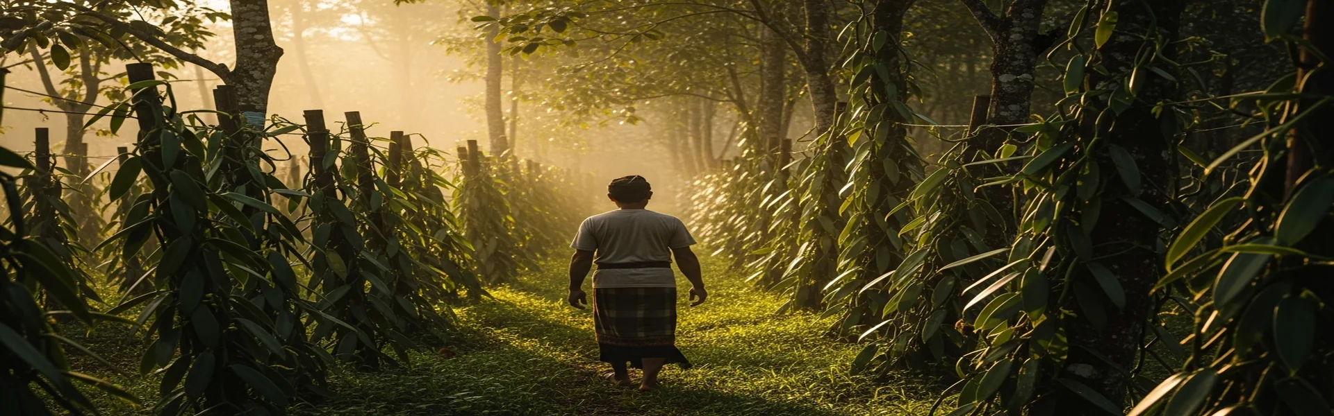 Balinese vanilla farmer in plantation at sunrise - our story