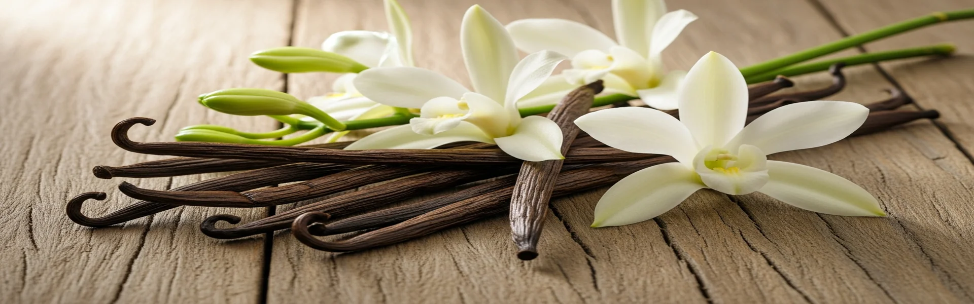 Tahitensis vanilla beans with vanilla orchid flowers - premium floral variety