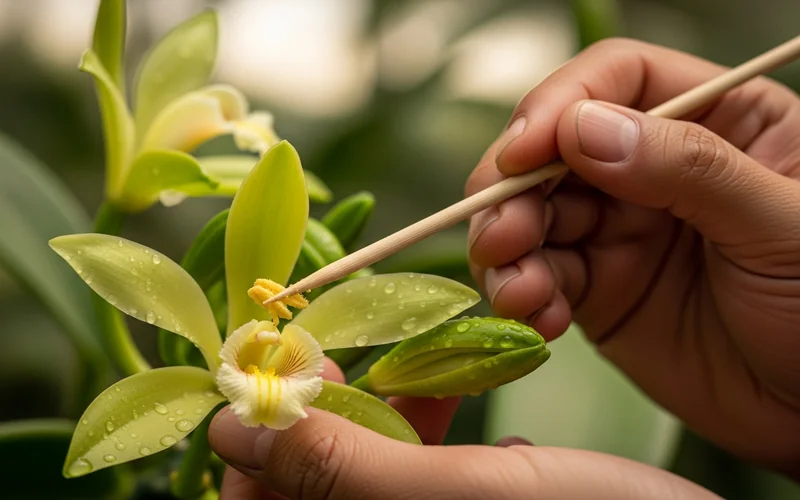 Hand-pollination of vanilla orchid - traditional Balinese farming technique
