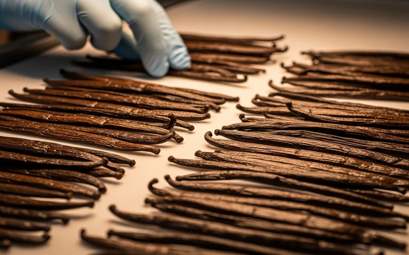 Hand sorting vanilla beans by grade - quality control process