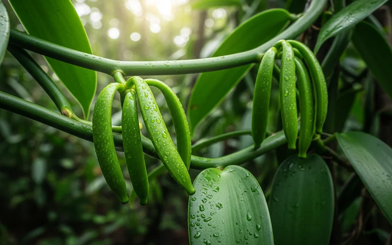 Organic vanilla beans growing on vine - sustainable Indonesian farming