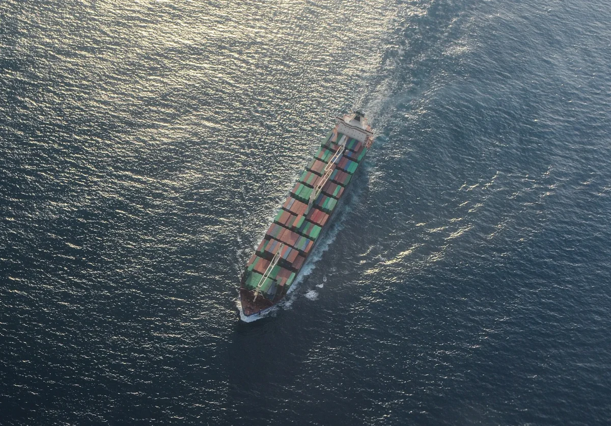 Aerial view of a container cargo ship at sea