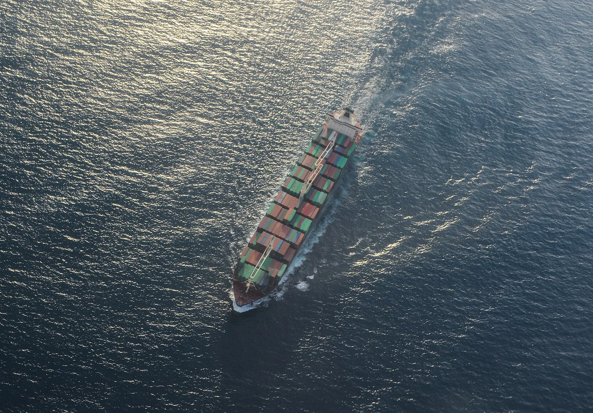 Aerial view of a container cargo ship at sea