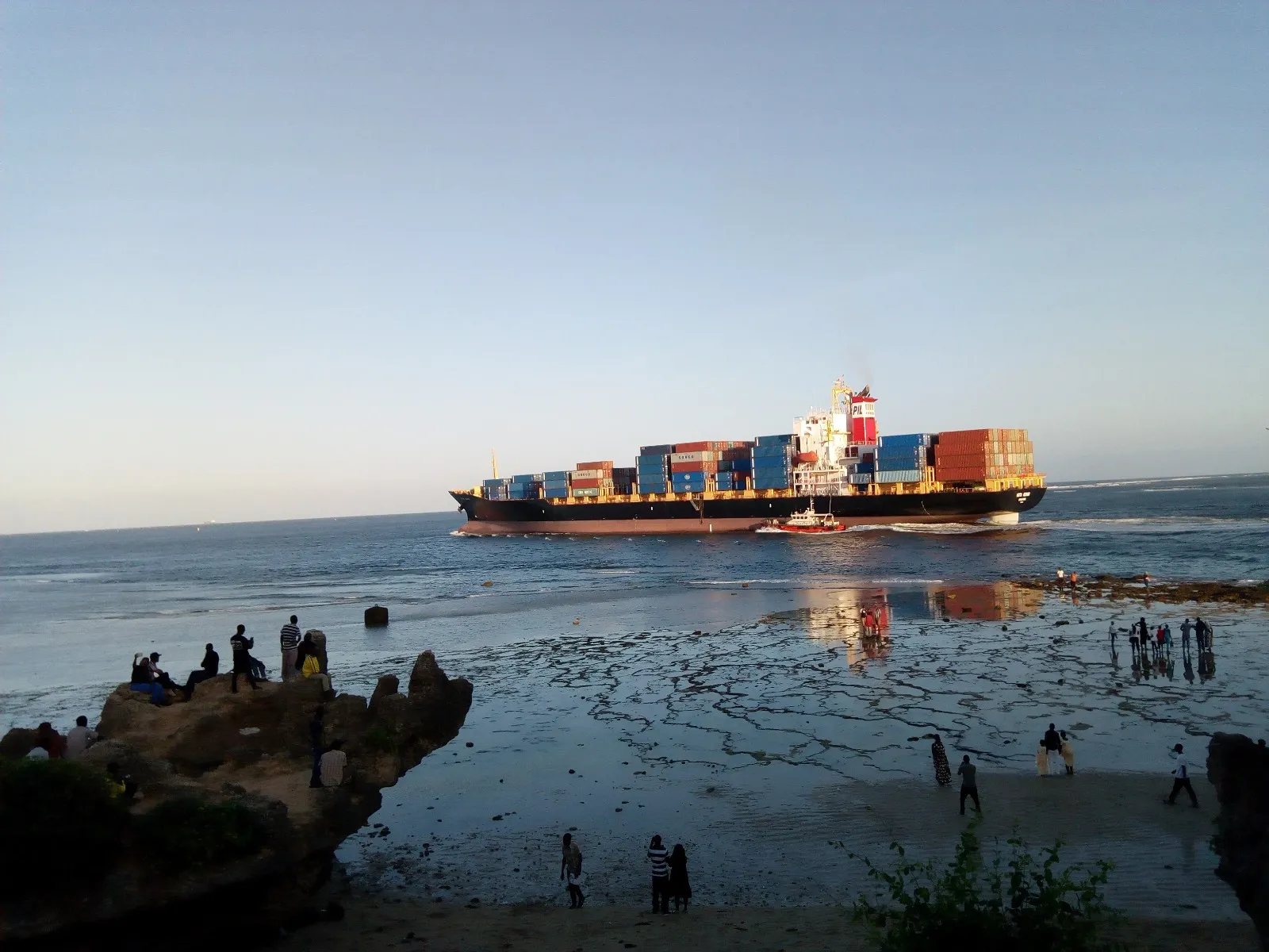Container ship leaving port